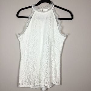 White lace raw edge sleeveless lined halter top fairy classic feminine size S